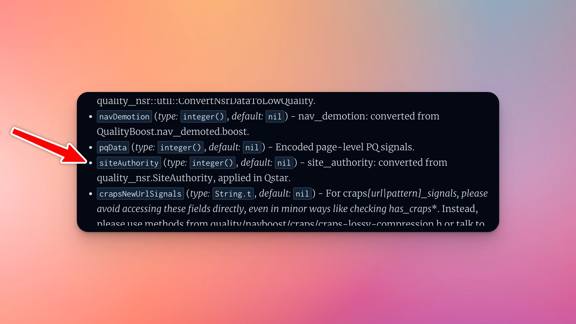 Google SEO leak screenshot highlighting the siteAuthority field